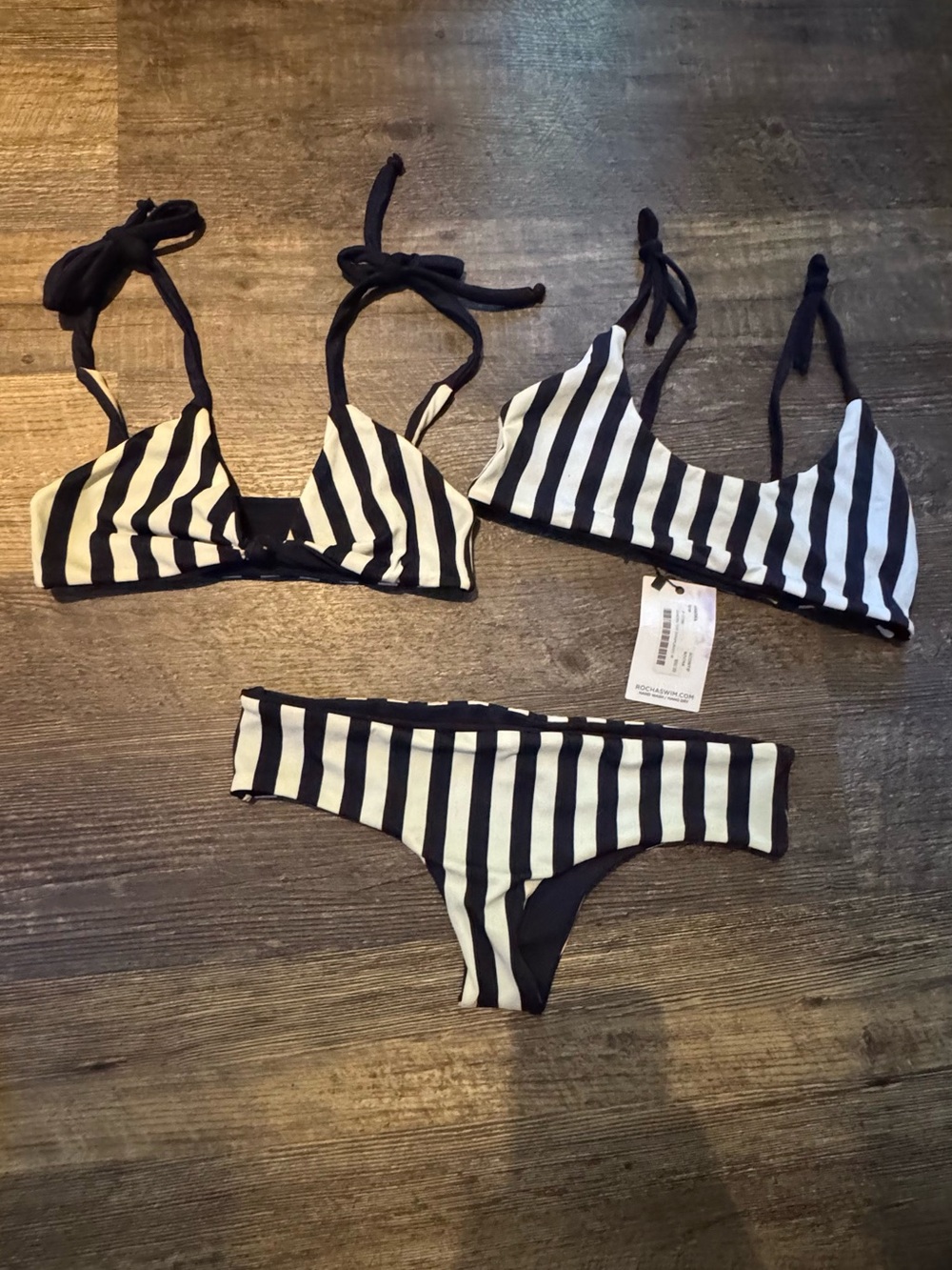 Striped Navy  & White Bikini Set 2 tops one bottom never worn